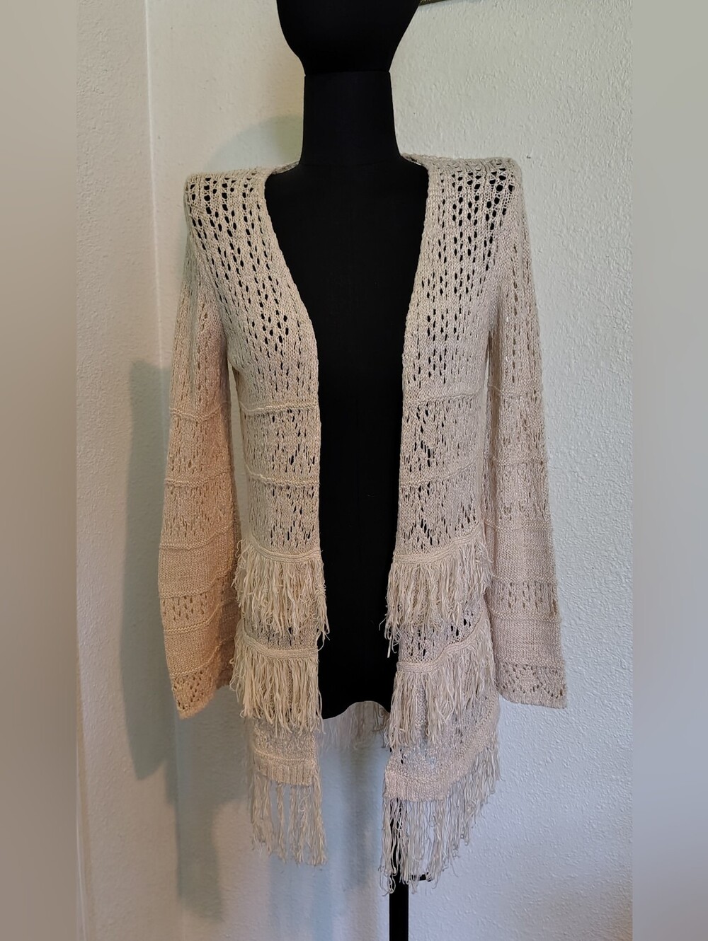 Arizona Jeans Cream Open-Front Fringe Knit Boho Cardigan Sweater Women XLarge 16